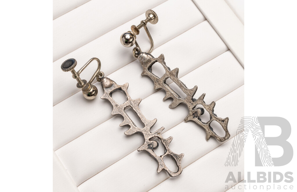 Vintage Handmade Oxidized Pewter Silver Tone Brutalist Screw-Clip Drop Earrings Pair - by Robert Larin, Canada