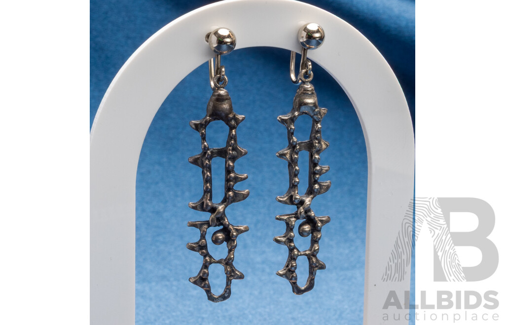 Vintage Handmade Oxidized Pewter Silver Tone Brutalist Screw-Clip Drop Earrings Pair - by Robert Larin, Canada