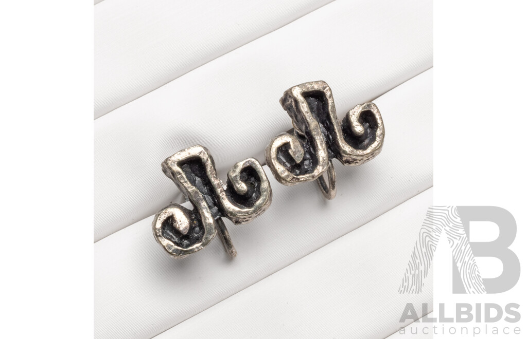 Vintage Handmade Oxidized Pewter Silver Tone Brutalist Screw-Clip Pair of Studs - by Robert Larin, Canada