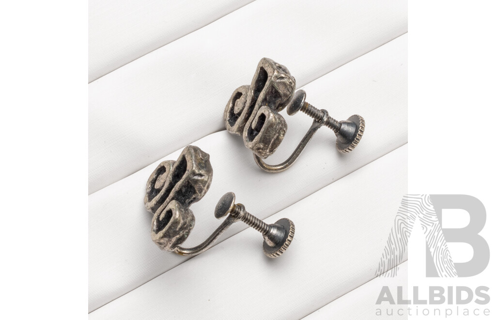 Vintage Handmade Oxidized Pewter Silver Tone Brutalist Screw-Clip Pair of Studs - by Robert Larin, Canada