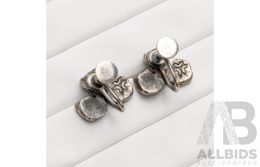 Vintage Handmade Oxidized Pewter Silver Tone Brutalist Screw-Clip Pair of Studs - by Robert Larin, Canada