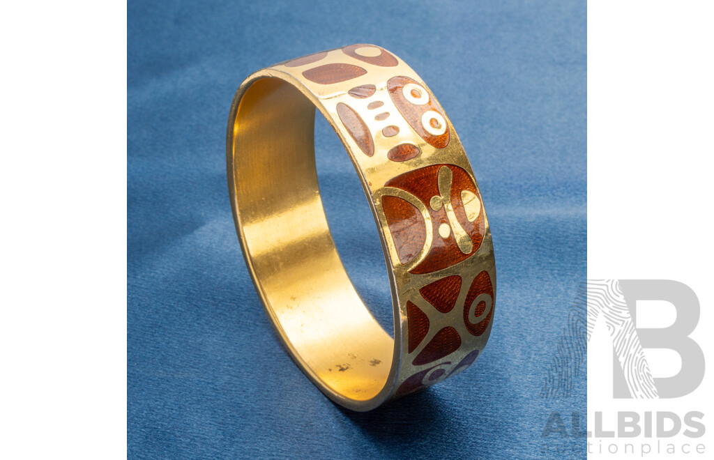 Vintage Handmade Mid Century Gold Plated Bangle with Fine Enamel Inlay - by De Passille-Sylvestre, Canada