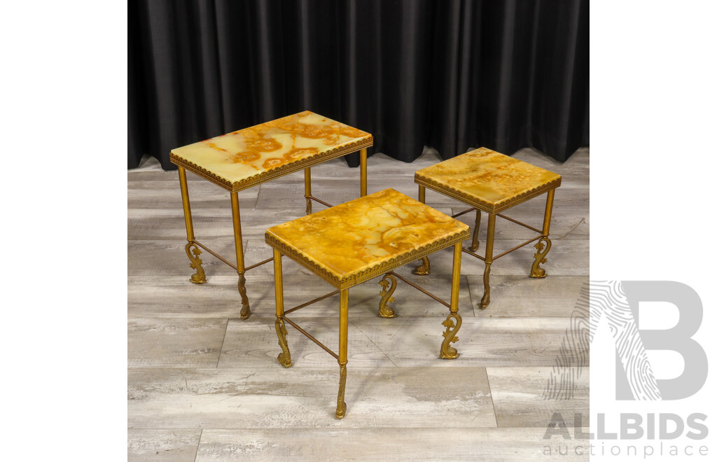 Nest of Three Brass Based Side Tables with Travertine Tops