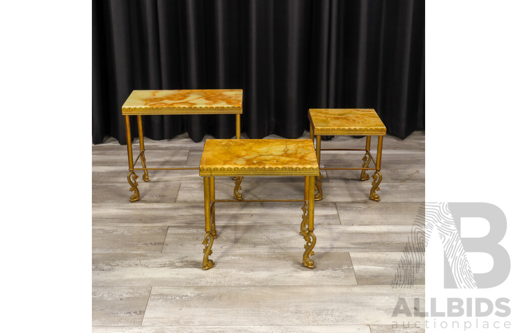 Nest of Three Brass Based Side Tables with Travertine Tops