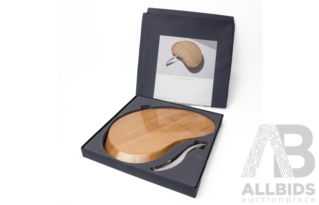 Georg Jensen Oak and Stainless Steel Cheese Board and Knife in Original Box