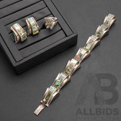 Vintage 925 Sterling Silver and Fine Inlayed Abalone Bracelet, Ring and Earrings Set - by Alfredo Villasana, Taxco, Mexico