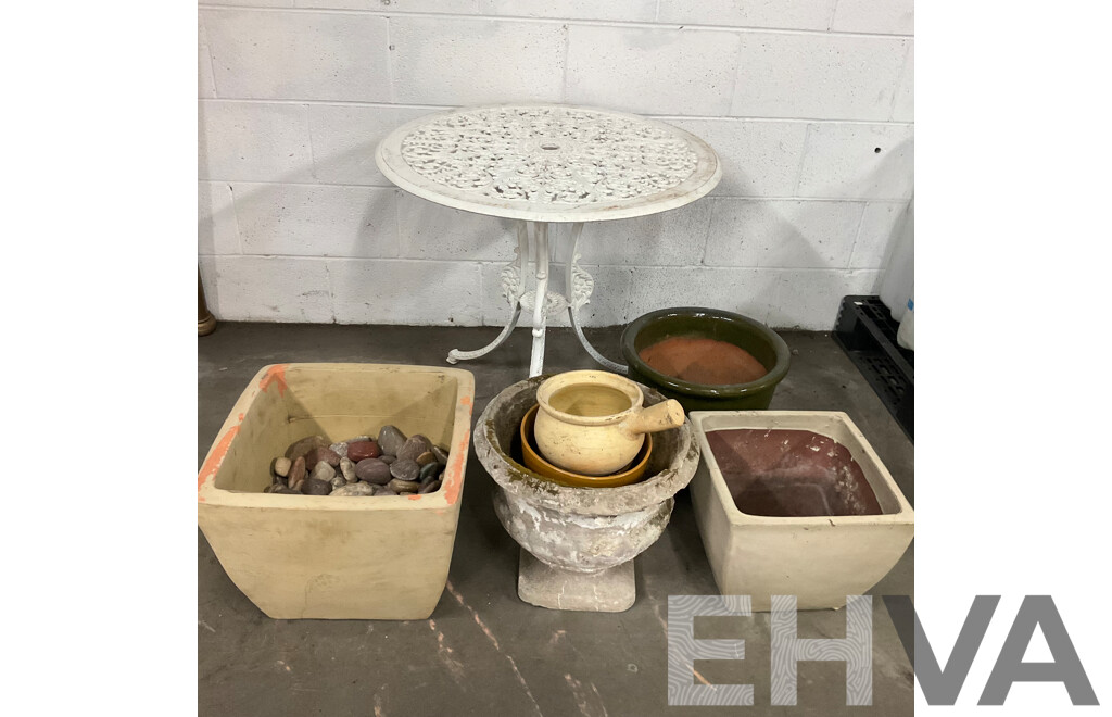Garden Round Table and Assorted Pots