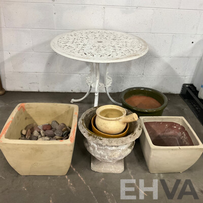 Garden Round Table and Assorted Pots