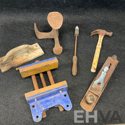 Mixed Vintage Hand Tool Lot - Stanley Hand Plane, Wood Clamp, Hammer, Trowel & More