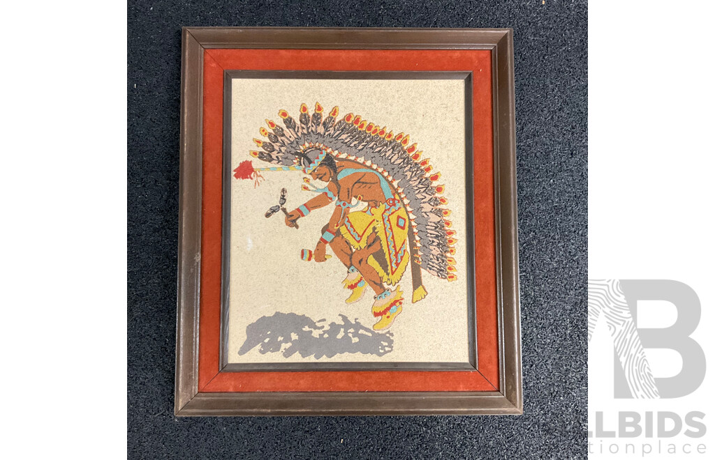 American Navajo Indian Sand Painting Rainbow Way the Horned War Bonnet