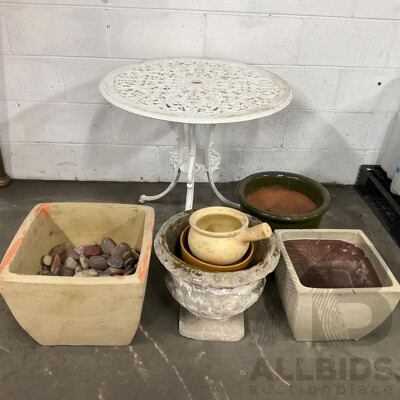 Garden Round Table and Assorted Pots