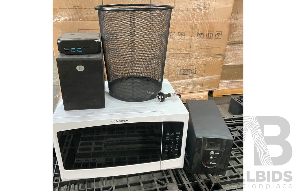 WESTINGHOUSE Microwave, LOGITECH Speaker, KOGAN USB Ports, Wire Mesh Waste Basket and CYBERPOWER Uninterruptible Power Supply - Lot of 5