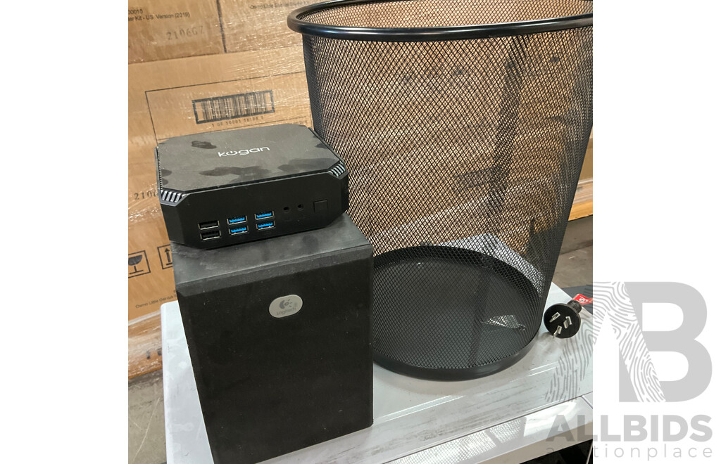 WESTINGHOUSE Microwave, LOGITECH Speaker, KOGAN USB Ports, Wire Mesh Waste Basket and CYBERPOWER Uninterruptible Power Supply - Lot of 5