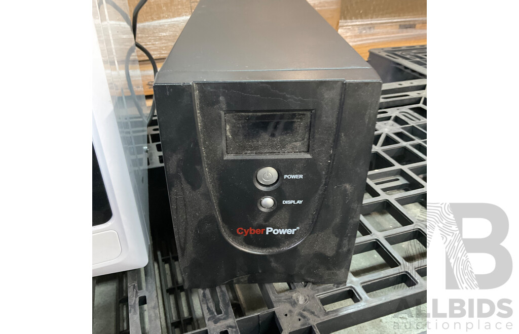 WESTINGHOUSE Microwave, LOGITECH Speaker, KOGAN USB Ports, Wire Mesh Waste Basket and CYBERPOWER Uninterruptible Power Supply - Lot of 5