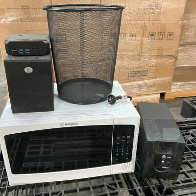 WESTINGHOUSE Microwave, LOGITECH Speaker, KOGAN USB Ports, Wire Mesh Waste Basket and CYBERPOWER Uninterruptible Power Supply - Lot of 5