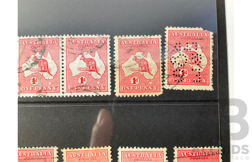 Collection of Australian 1910's Kangaroo and Map One Penny Stamps, Various Water Marks, Perforated ES & Co