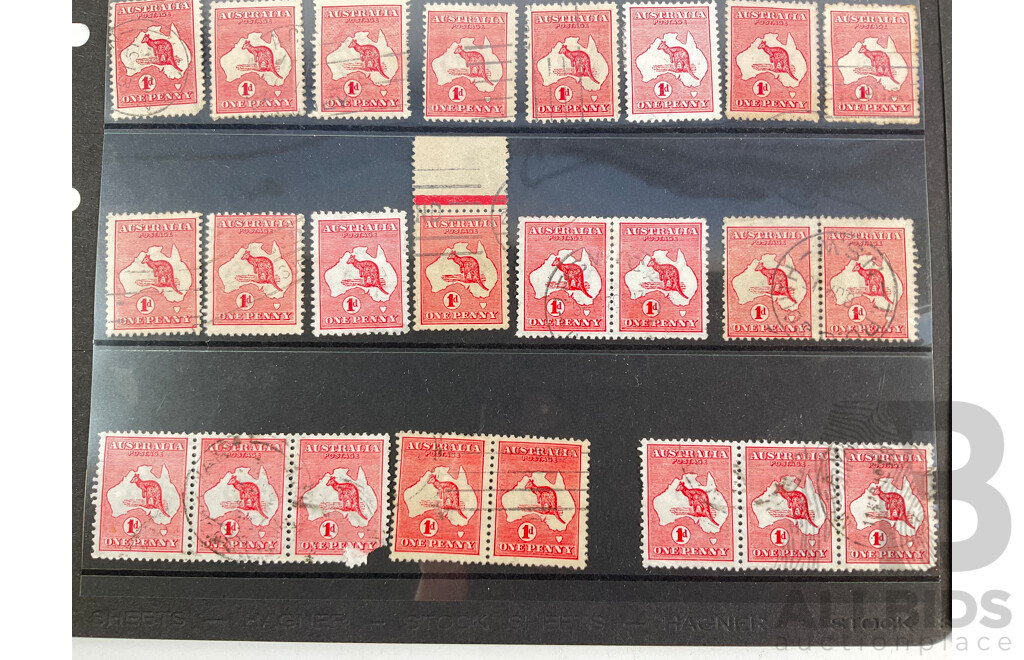 Collection of Australian 1910's Kangaroo and Map One Penny Stamps, Various Water Marks, Perforated ES & Co
