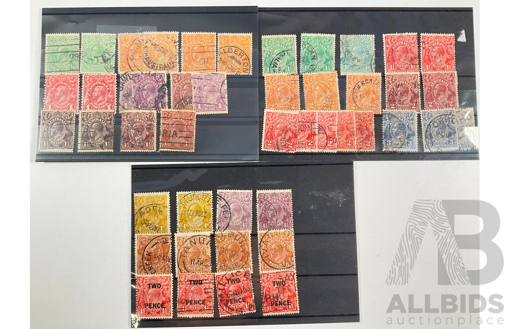 Collection of Australian 1913-1935 KGV Head Stamps, One Penny to One Shilling and Four Pence, Perforated and Over Prints