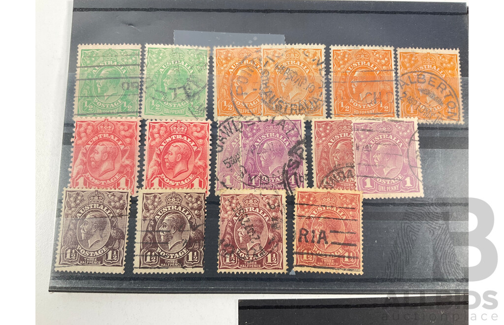 Collection of Australian 1913-1935 KGV Head Stamps, One Penny to One Shilling and Four Pence, Perforated and Over Prints