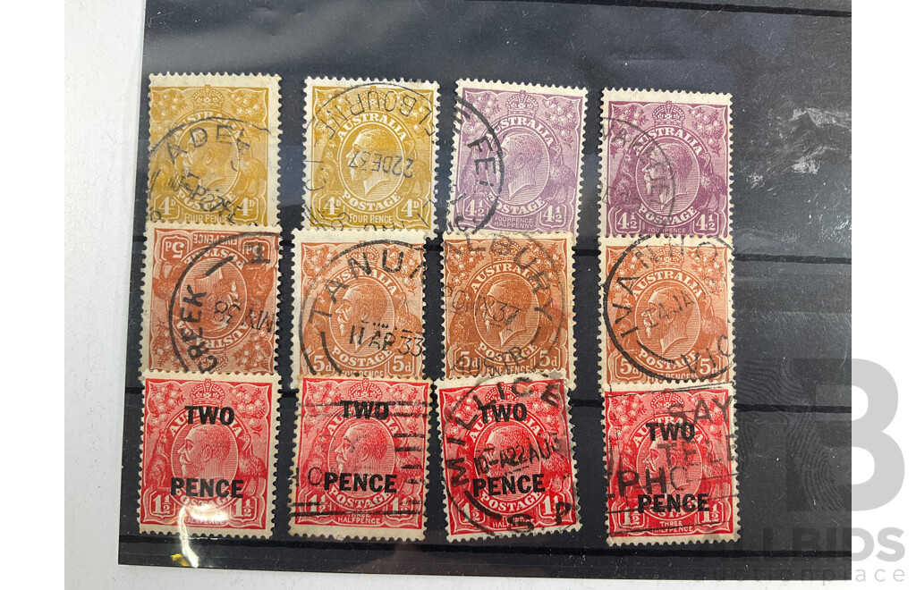 Collection of Australian 1913-1935 KGV Head Stamps, One Penny to One Shilling and Four Pence, Perforated and Over Prints