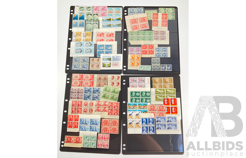 Collection of Australian Predecimal Mint Stamp Blocks Including John Ash ANZAC Commemoration, Peace 1945, KGVI, QE2, Churchill,  Walter Burley Griffin, Melba, John Monash and More