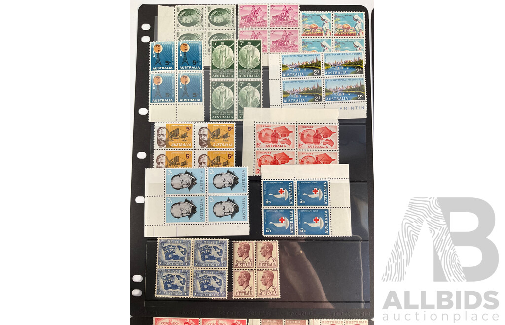 Collection of Australian Predecimal Mint Stamp Blocks Including John Ash ANZAC Commemoration, Peace 1945, KGVI, QE2, Churchill,  Walter Burley Griffin, Melba, John Monash and More