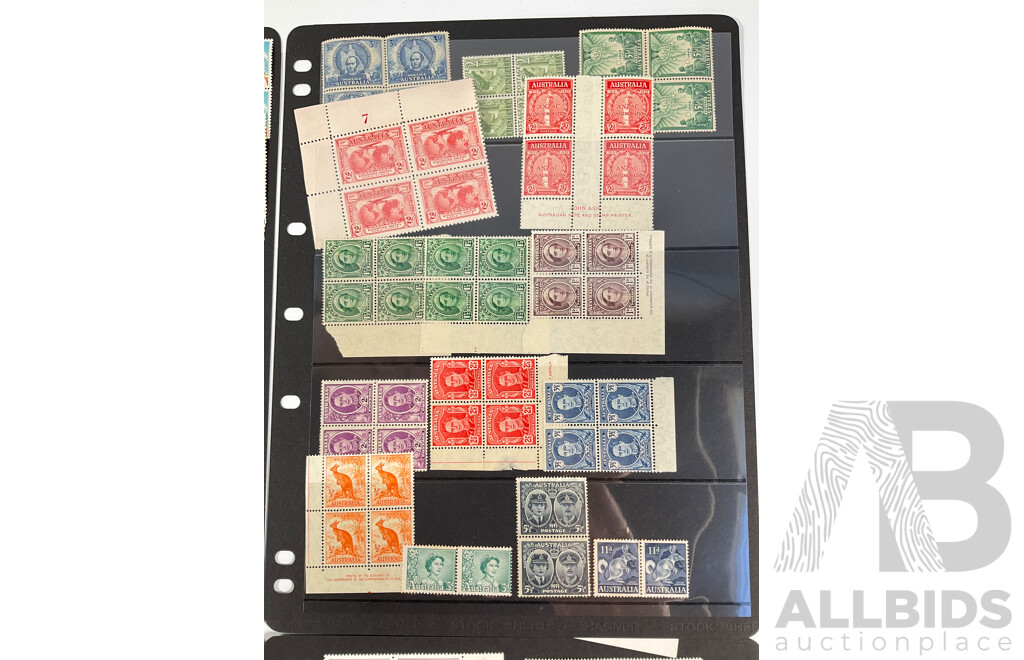 Collection of Australian Predecimal Mint Stamp Blocks Including John Ash ANZAC Commemoration, Peace 1945, KGVI, QE2, Churchill,  Walter Burley Griffin, Melba, John Monash and More