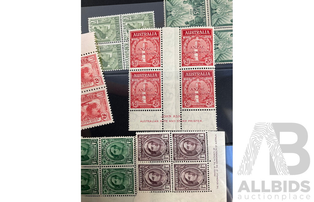 Collection of Australian Predecimal Mint Stamp Blocks Including John Ash ANZAC Commemoration, Peace 1945, KGVI, QE2, Churchill,  Walter Burley Griffin, Melba, John Monash and More