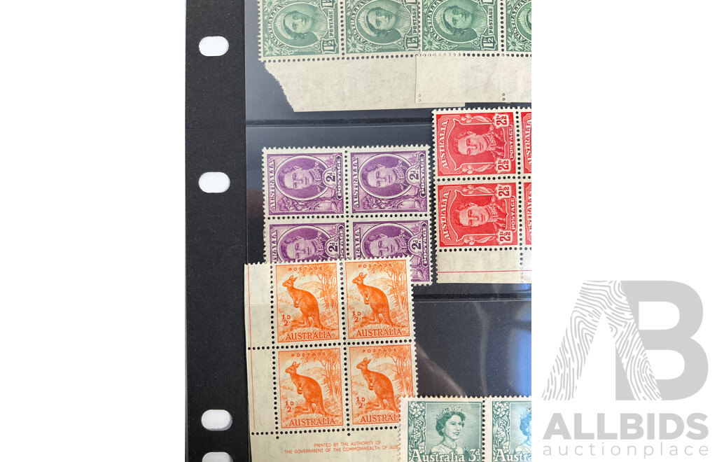 Collection of Australian Predecimal Mint Stamp Blocks Including John Ash ANZAC Commemoration, Peace 1945, KGVI, QE2, Churchill,  Walter Burley Griffin, Melba, John Monash and More