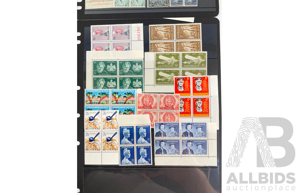 Collection of Australian Predecimal Mint Stamp Blocks Including John Ash ANZAC Commemoration, Peace 1945, KGVI, QE2, Churchill,  Walter Burley Griffin, Melba, John Monash and More