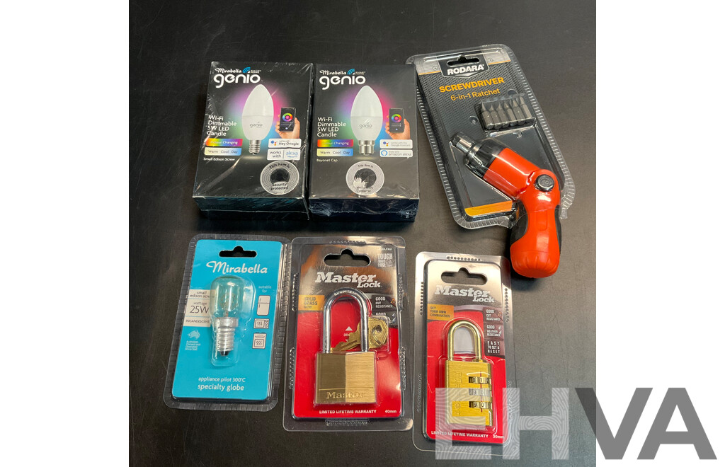 Mirabella Lightbulb & Master Lock & Rodara Screwdriver - Lot of 6