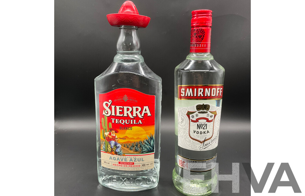 SIERRA Tequila Blanco 1000ml, SMIRNOFF Vodka 700ml and Backpack - Lot of 3