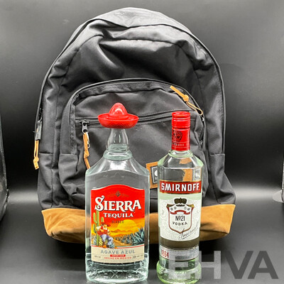 SIERRA Tequila Blanco 1000ml, SMIRNOFF Vodka 700ml and Backpack - Lot of 3