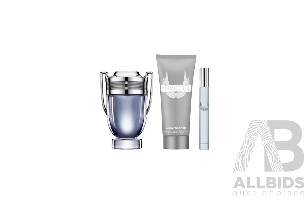 PACO RABANNE Invictus Travel Exclusive 3 Pack - 100ml Eau De Toilette, 75ml Shampoo and 10ml Travel Spray