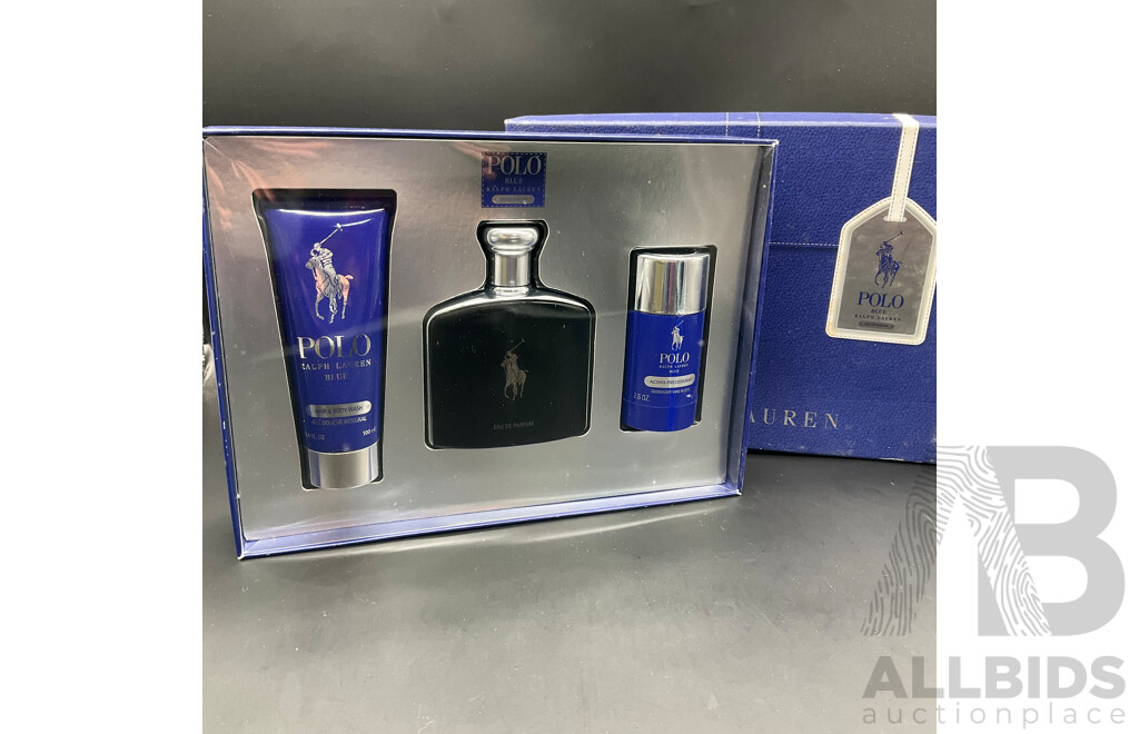 RALPH LAUREN Polo Blue 3 Piece Gift Set - 125ml Eau De Parfum, 100ml Hair and Body Wash and 75g Deodorant