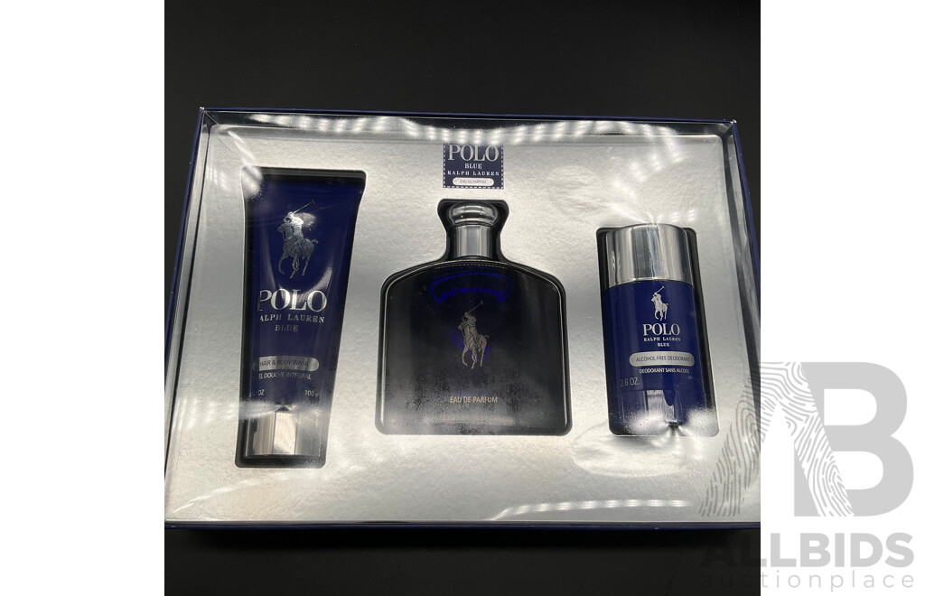 RALPH LAUREN Polo Blue 3 Piece Gift Set - 125ml Eau De Parfum, 100ml Hair and Body Wash and 75g Deodorant
