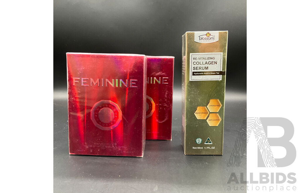CHRISTIAN GAUTIER Feminine 80ml Eau De Parfum (2x) and BLOSSOM AUSTRALIA Re-Vitalizing Collagen Serum 50ml - Lot of 3