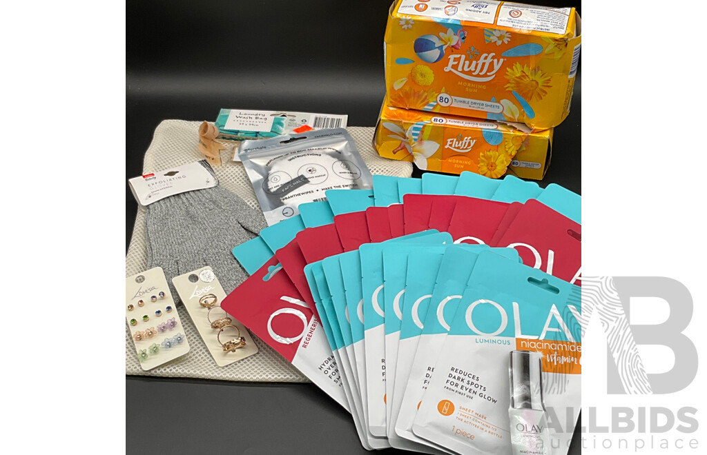 Assorted OLAY Sheet Masks (30x), FLUFFY Tumble Dryer Sheets, LOUISA Earrings and Rings and Others - Lot of 37