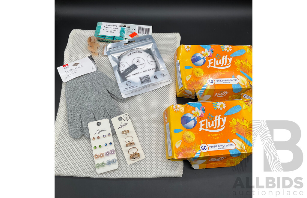 Assorted OLAY Sheet Masks (30x), FLUFFY Tumble Dryer Sheets, LOUISA Earrings and Rings and Others - Lot of 37