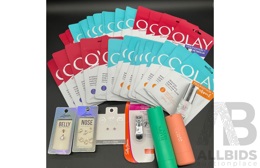 Assorted OLAY Sheet Masks (30x), Sally Hanson Clipper, LOUISA Belly and Nose Jewellery and Wssano Happy Skin Skincare - Lot of 36