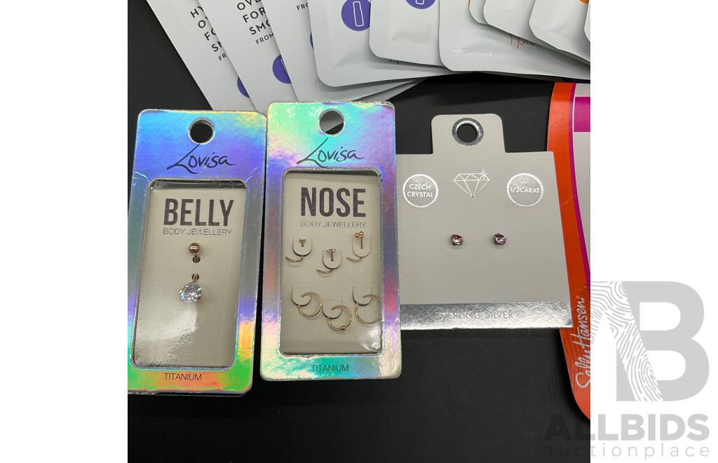 Assorted OLAY Sheet Masks (30x), Sally Hanson Clipper, LOUISA Belly and Nose Jewellery and Wssano Happy Skin Skincare - Lot of 36