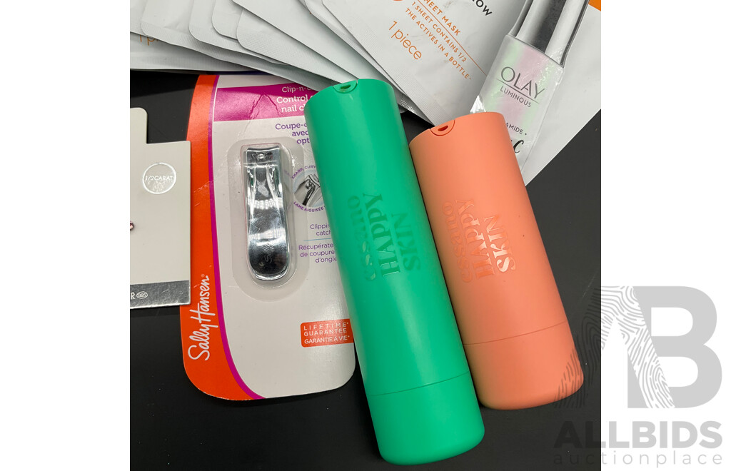 Assorted OLAY Sheet Masks (30x), Sally Hanson Clipper, LOUISA Belly and Nose Jewellery and Wssano Happy Skin Skincare - Lot of 36
