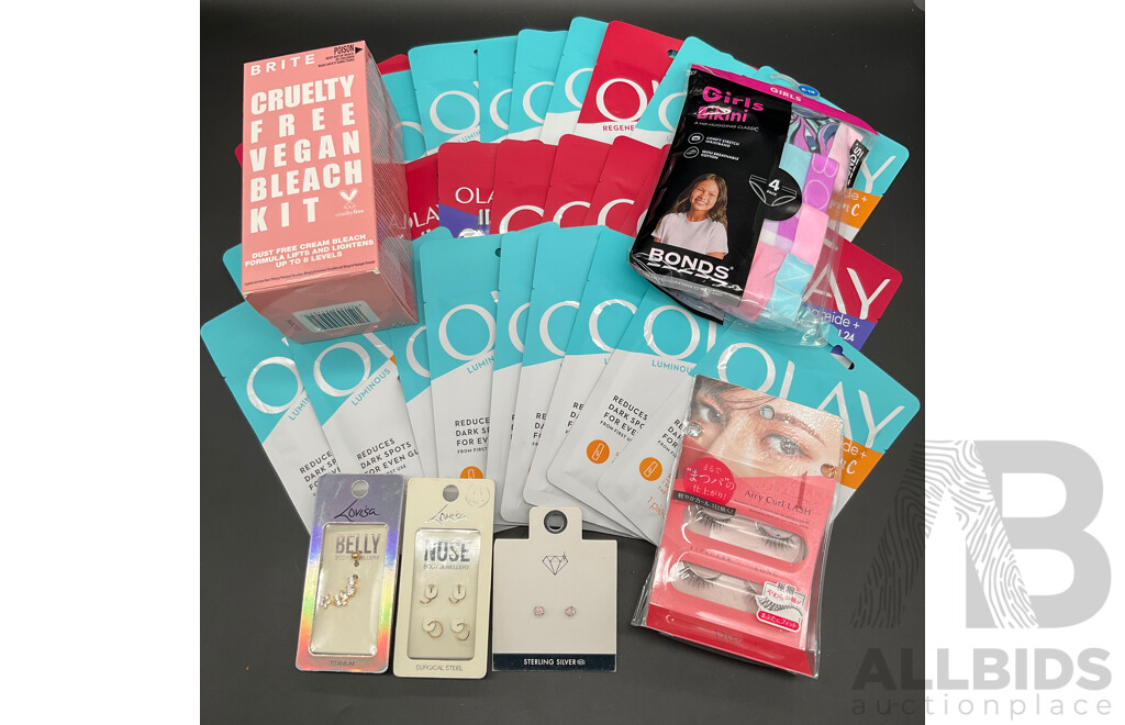 Assorted OLAY Sheet Masks (30x), LOUISA Belly, Ears and Nose Jewellery, BONDS Girls Underwear and BRITE Vegan Bleach Kit - Lot of 36