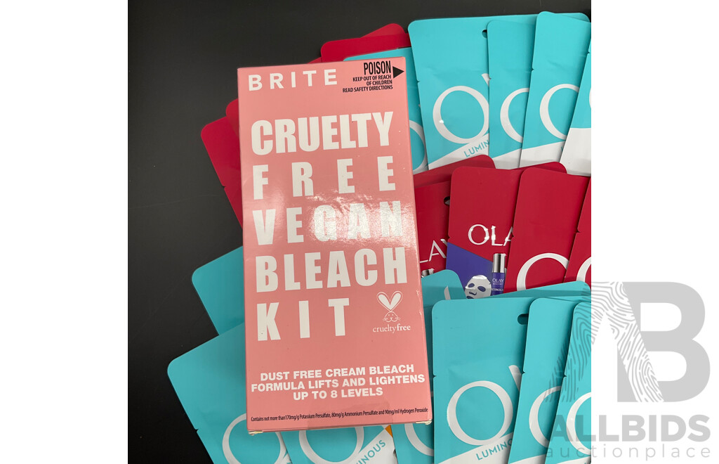 Assorted OLAY Sheet Masks (30x), LOUISA Belly, Ears and Nose Jewellery, BONDS Girls Underwear and BRITE Vegan Bleach Kit - Lot of 36