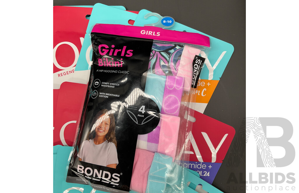 Assorted OLAY Sheet Masks (30x), LOUISA Belly, Ears and Nose Jewellery, BONDS Girls Underwear and BRITE Vegan Bleach Kit - Lot of 36