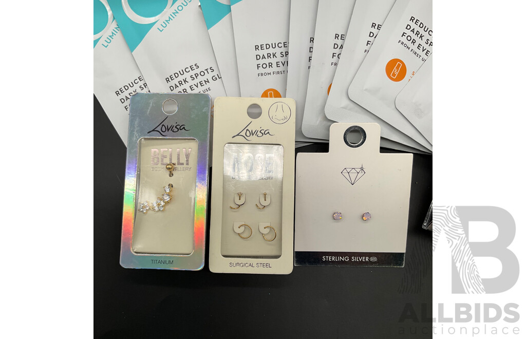 Assorted OLAY Sheet Masks (30x), LOUISA Belly, Ears and Nose Jewellery, BONDS Girls Underwear and BRITE Vegan Bleach Kit - Lot of 36