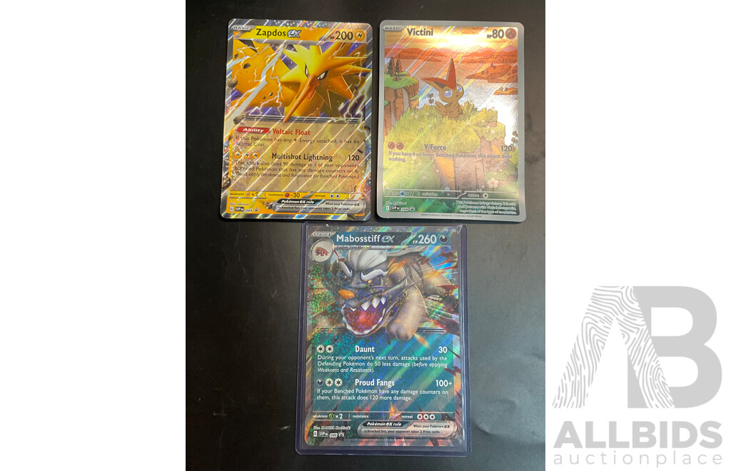 Pokenmon Jambo Cards - 2023 SVP049 Zapdos EX ,2025 SVP208 Victini, 2024SVP 086 Mabosstiff EX - Holofoil - Lot of 3