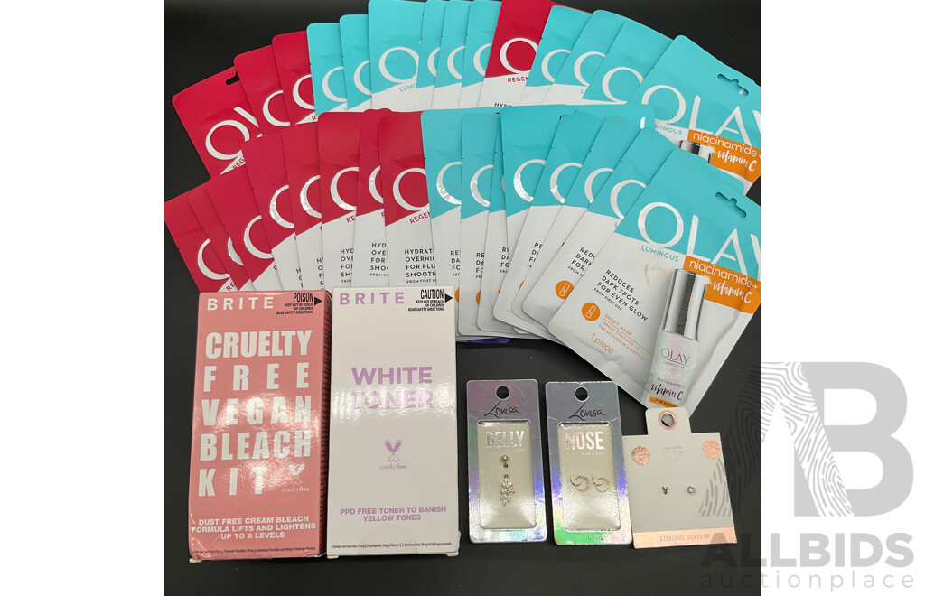 Assorted OLAY Sheet Masks (30x), LOUISA Belly, Ears and Nose Jewellery and BRITE Vegan Bleach Kit and White Toner - Lot of 35