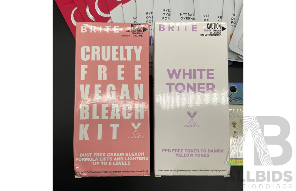 Assorted OLAY Sheet Masks (30x), LOUISA Belly, Ears and Nose Jewellery and BRITE Vegan Bleach Kit and White Toner - Lot of 35