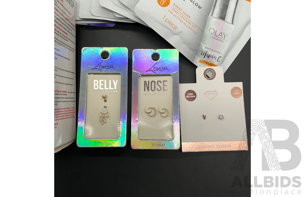 Assorted OLAY Sheet Masks (30x), LOUISA Belly, Ears and Nose Jewellery and BRITE Vegan Bleach Kit and White Toner - Lot of 35